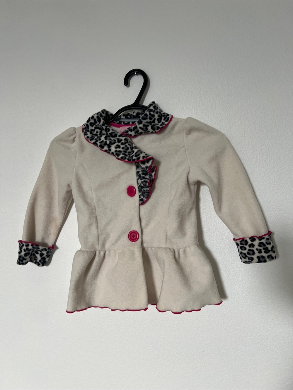 Cream Girls Peacoat with Leopard Trim and Pink Accents jacket